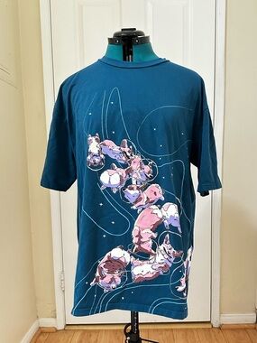 Bibisama Men’s XL Cotton Blend Teal Blue Space Corgis Graphic Short Sleeve Tee
